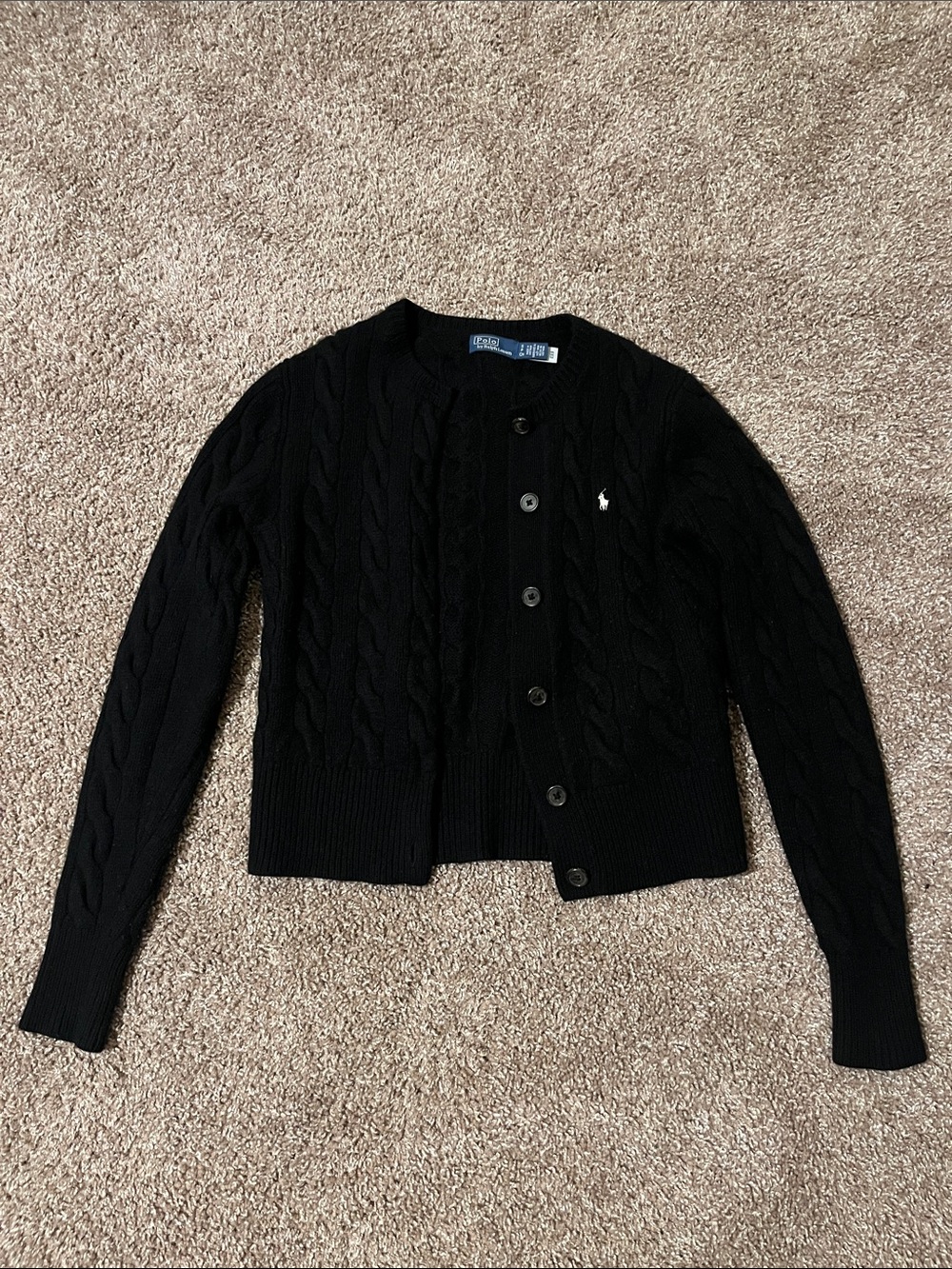 Ralph Lauren Black Cable-Knit Crewneck Button Cardigan